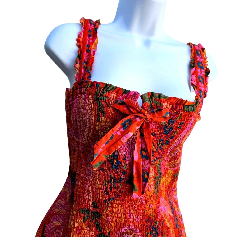 Farm Rio Red Floral Smocked Bodycon Mini Dress Size L M L - Picture 2 of 16